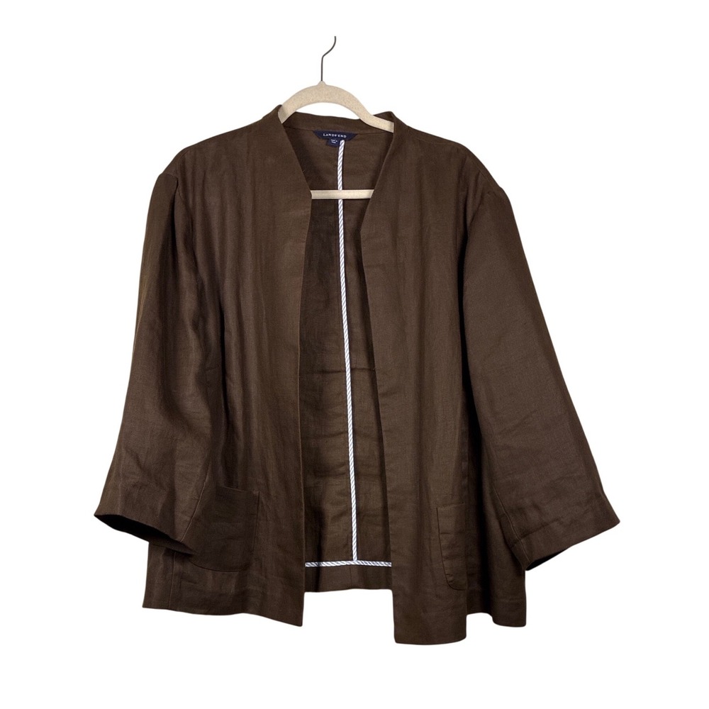 Lands' End LINEN Blazer 26W Open Front 3/4 Sleeve Jacket Brown capsule career